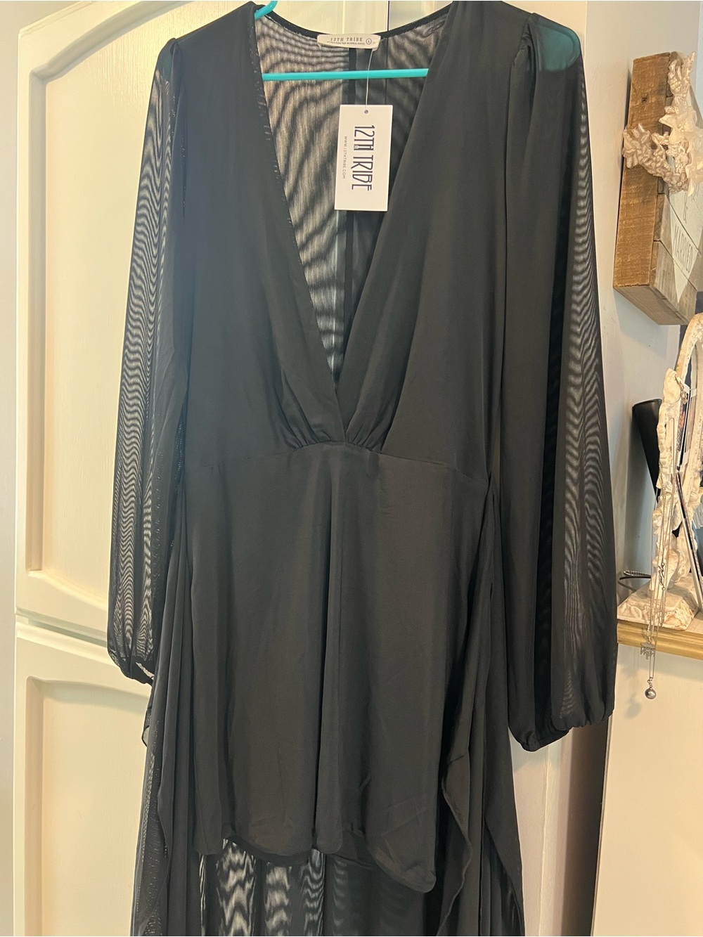 12th Tribe Black Deep V Long Sleeve Maxi Dress with Mini Slip - Picture 5 of 7